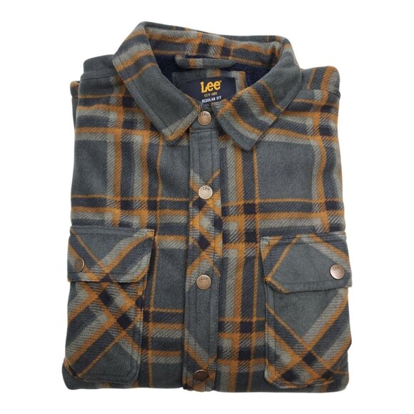 Lee Men XL Plaid Sherpa Lined Shirt Jacket Shacket Regular Fit Olive Green - Picture 9 of 14